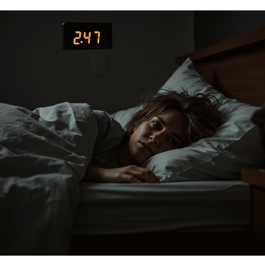 Woman lying awake at night unable to sleep
