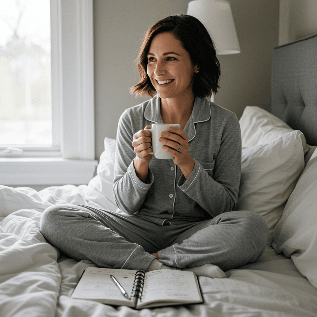 Woman waking up refreshed and happy